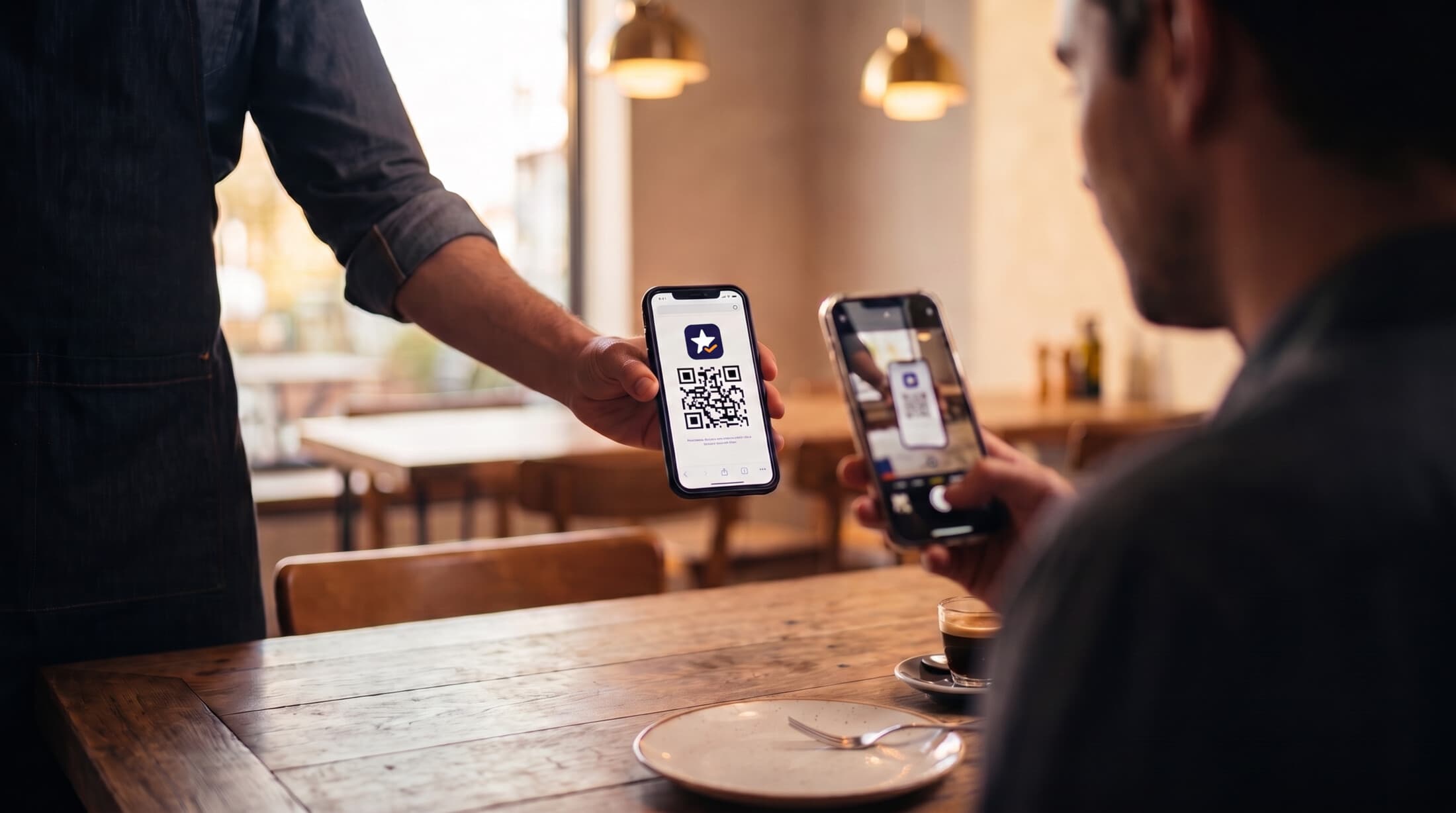 A waiter shows their personal QR code on a phone while a guest scans it at a restaurant table.