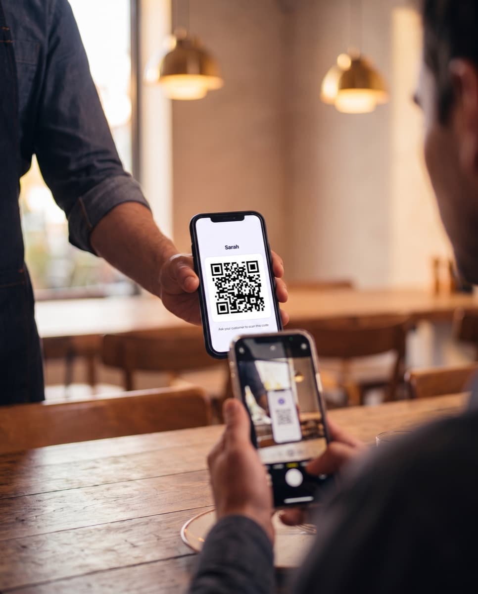 A waiter holds out a phone showing Sarah's QR code while a guest scans it.