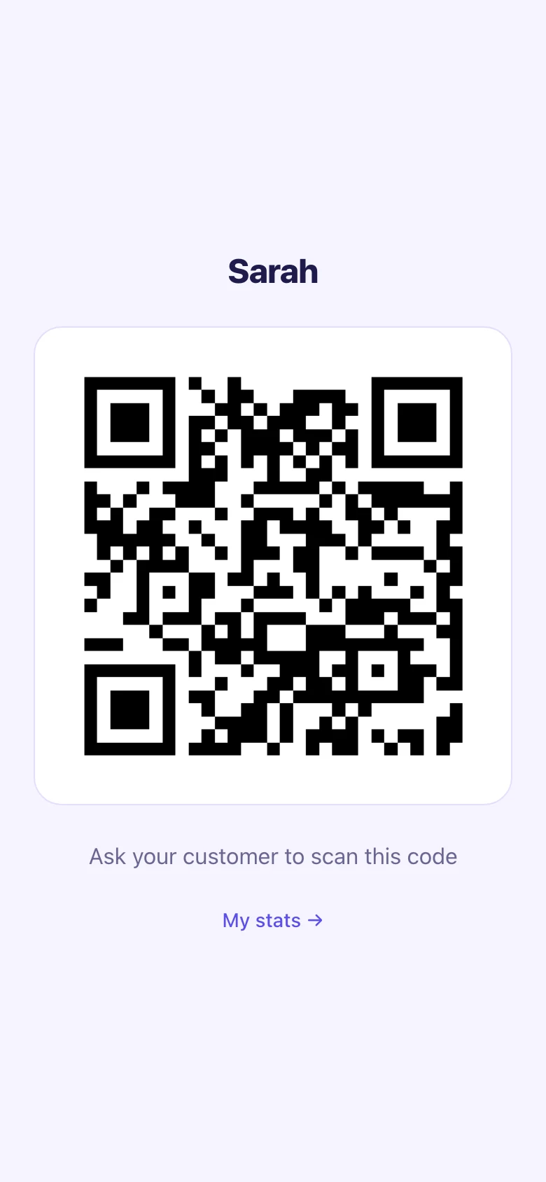 Sarah's personal QR code on her phone, with 'Ask your customer to scan this code'.