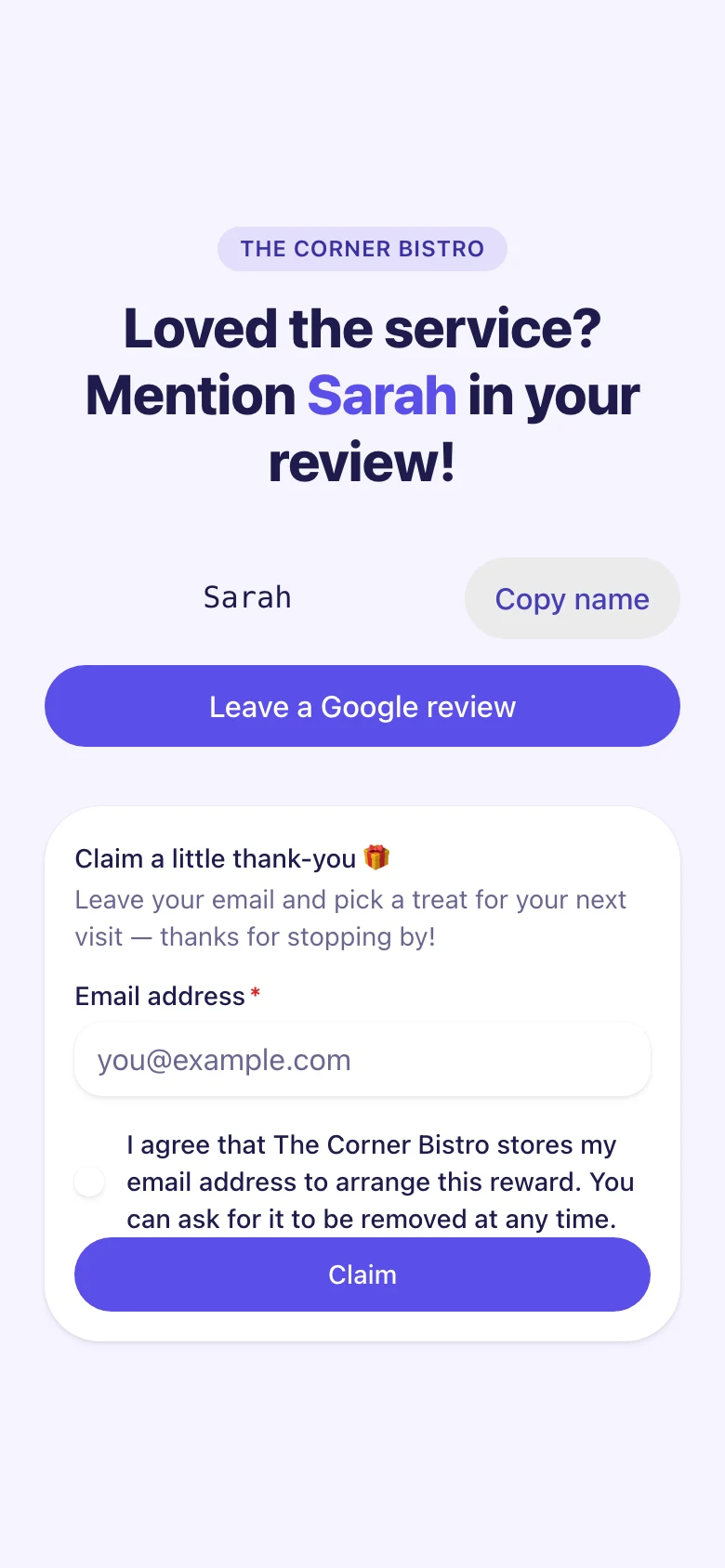'Loved the service? Mention Sarah in your review!' with a Leave a Google review button.