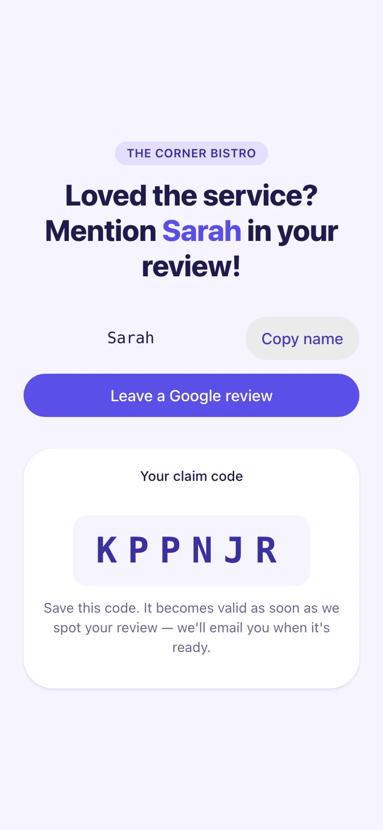 The claim code KPPNJR shown after claiming a reward.