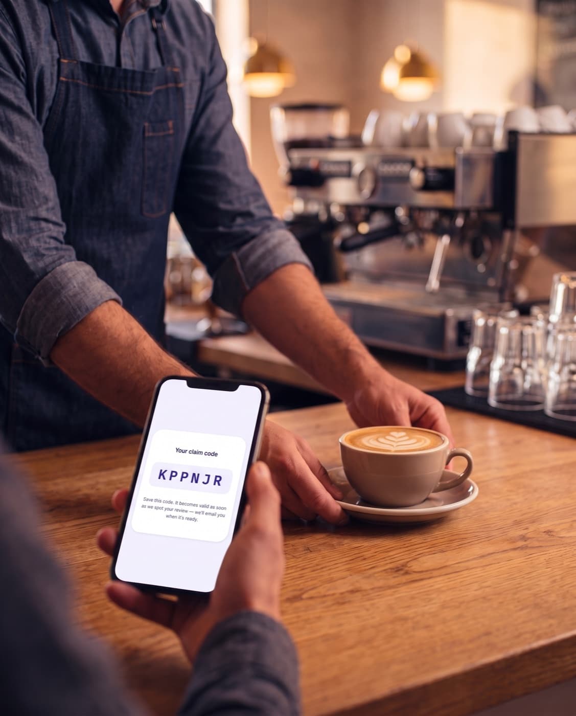 A guest shows their claim code on their phone at the counter while a barista hands over a free coffee.