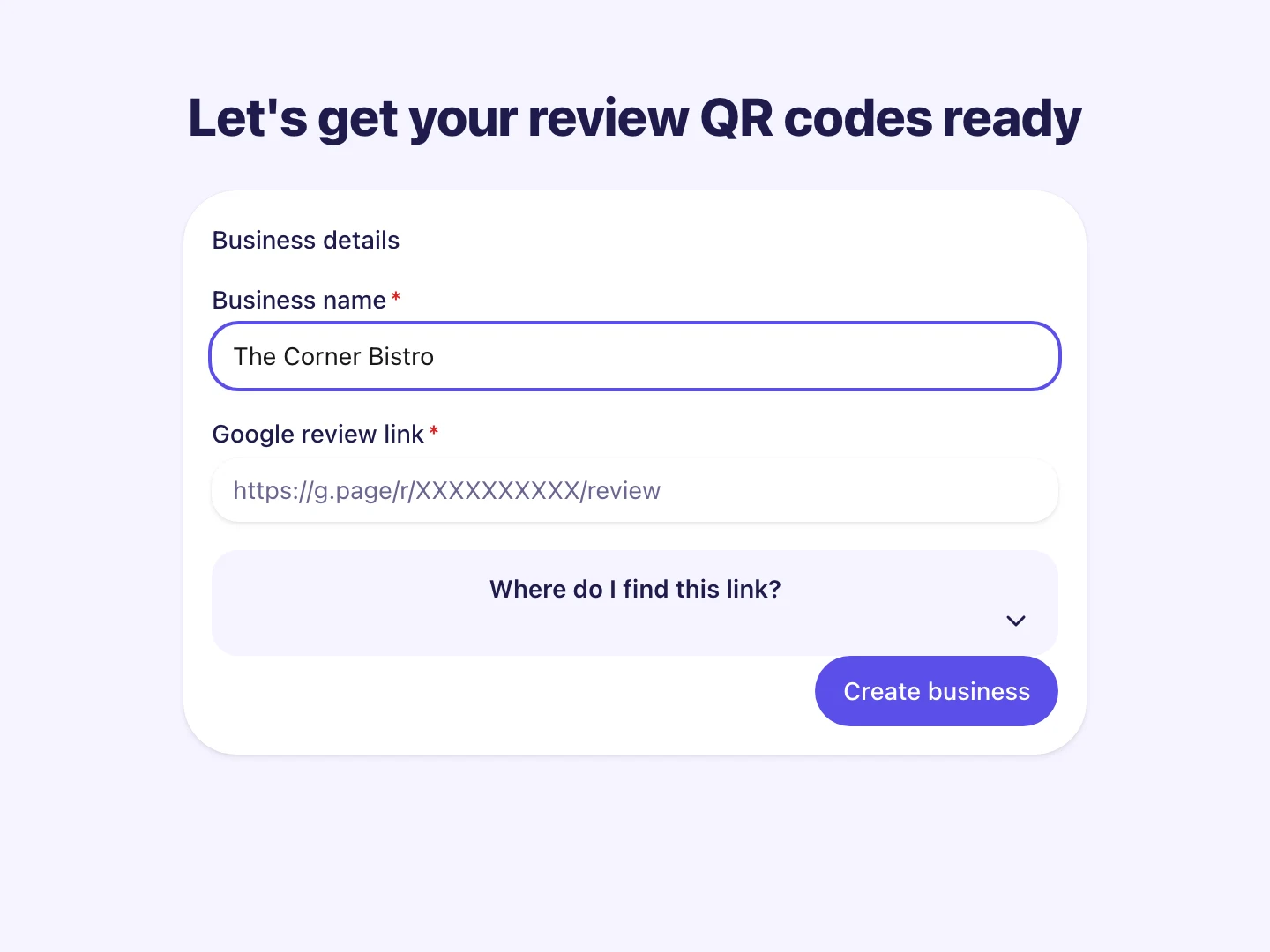 The 'Business details' form with 'The Corner Bistro' filled in and a field for the Google review link.