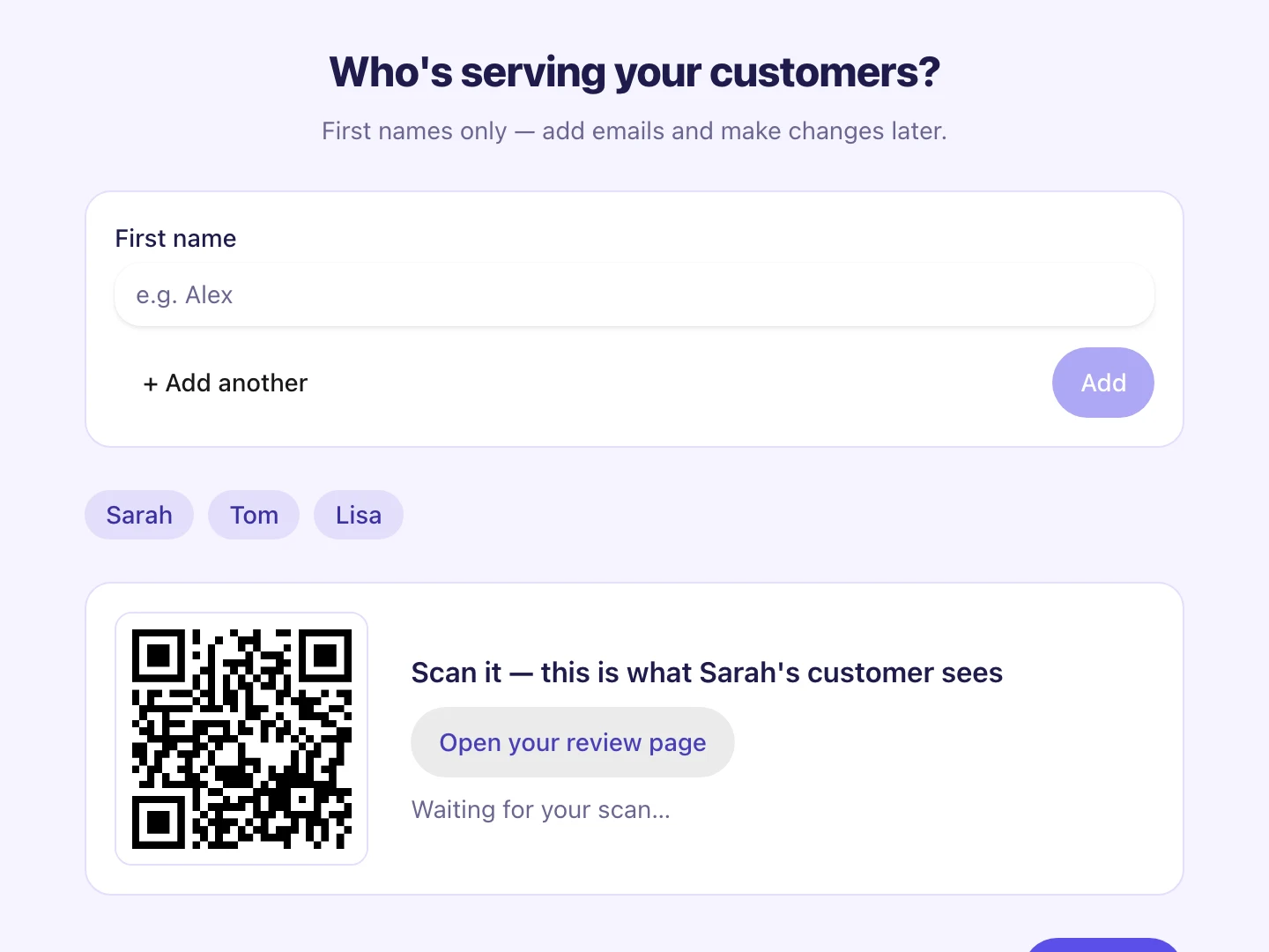 The 'Who's serving your customers?' step with Sarah, Tom and Lisa added, and a QR code to test the review page.