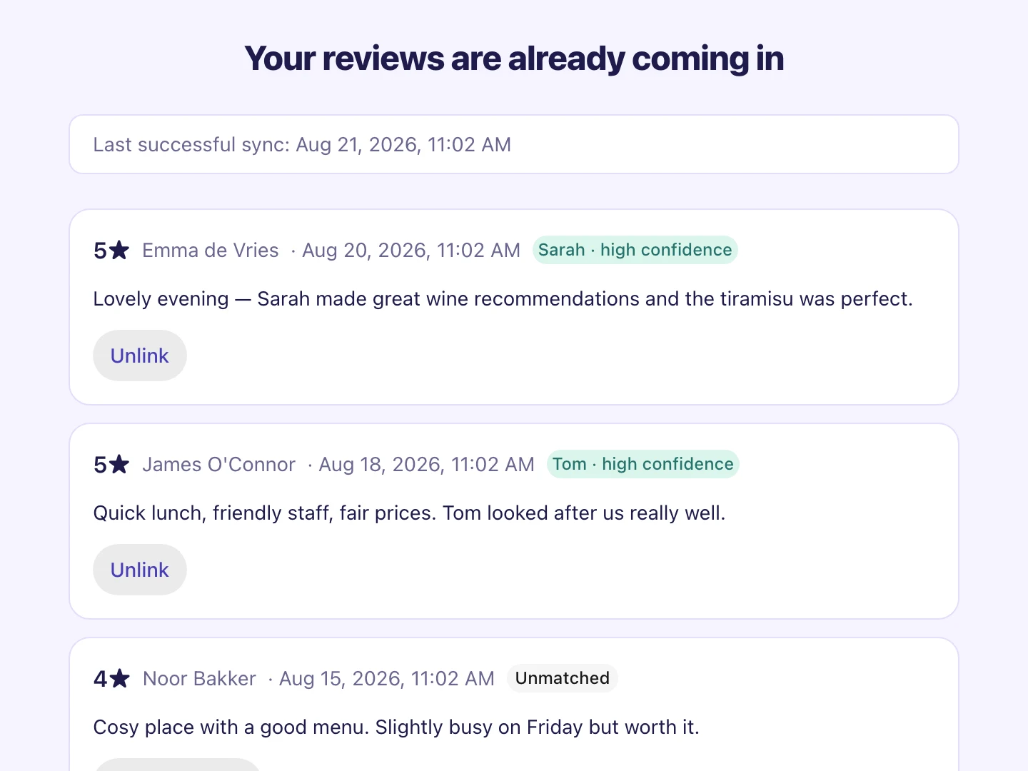'Your reviews are already coming in' with a successful sync and three reviews, two matched to Sarah and Tom.
