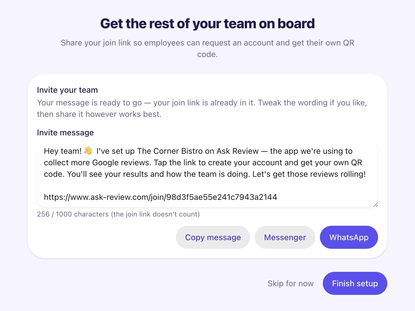 The invite message with the join link and buttons for Copy message, Messenger and WhatsApp, plus 'Finish setup'.